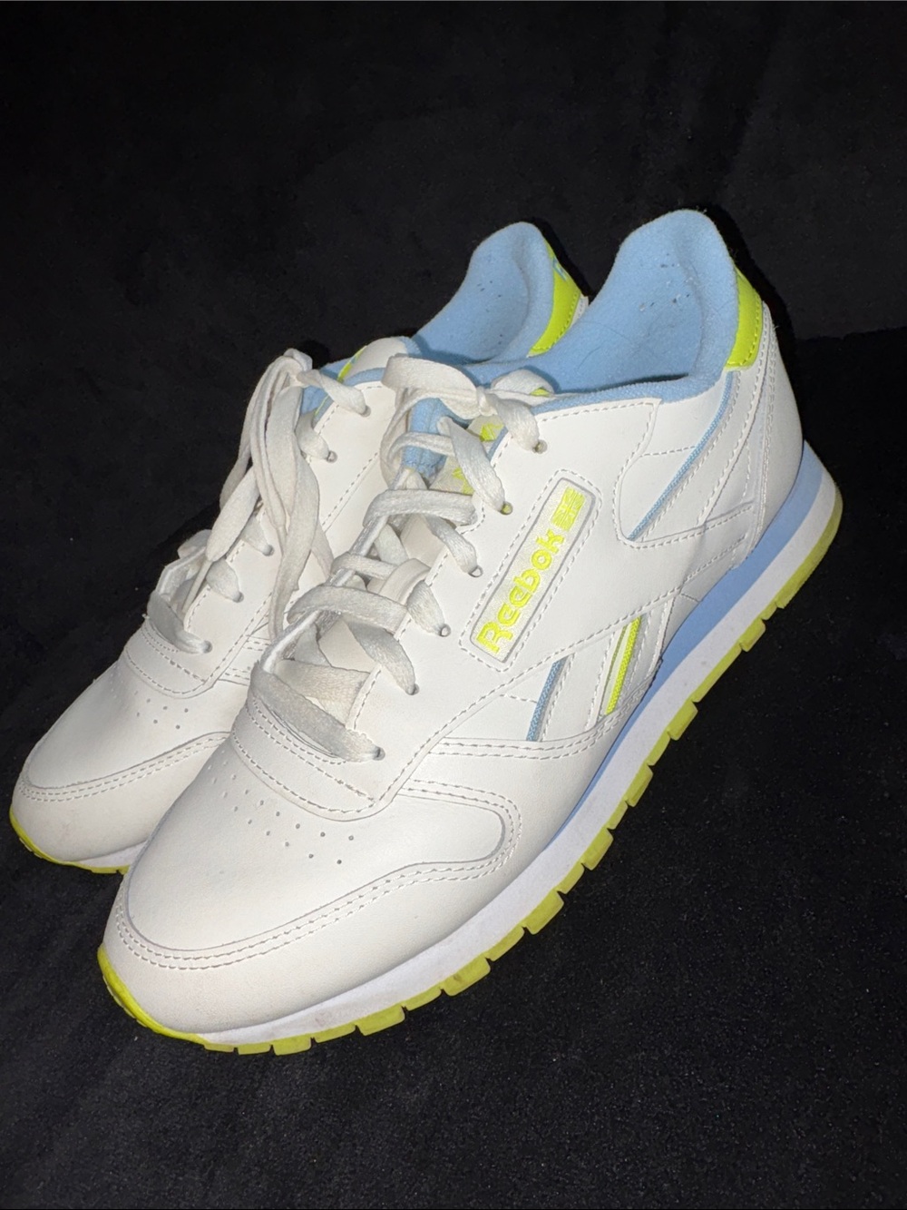 Reebok White Sneakers with Light Blue & Neon Yellow Details